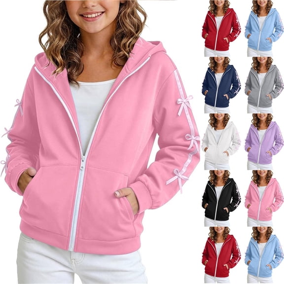 SROBPTY Teen Girls Jacket Solid Hooded Long Sleeve Zip Up with Pockets for 4Y-15Y