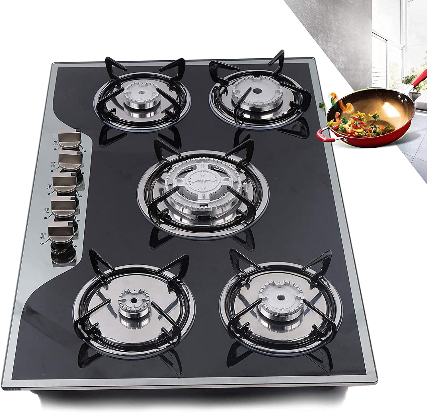Miumaeov Gas Cooktop Stove Build-in 5 Burners 8 mm Tempered Glass Battery Pulse Ignition