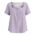 thumbnail image 4 of Yrmaups Loose Fit Short Sleeve T Shirt for Women Plus Size, Square Neck Button Down Blouse, Striped Casual Tee, Soft Stretch Top for Beach Travel Office Daily Wear, Purple 2XL, 4 of 8