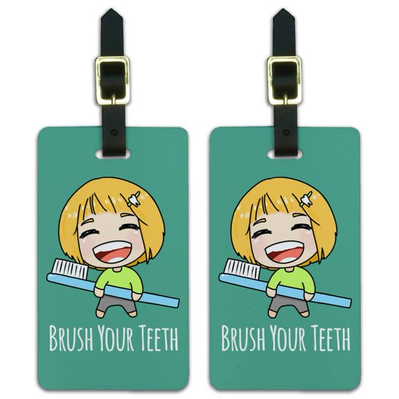 Brush Your Teeth Toothbrush Kawaii Chibi Luggage ID Tags Suitcase Carry-On Cards - Set of 2