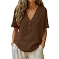 thumbnail image 3 of Plus Size Women's Relaxed Fit V Neck Short Sleeve Solid Pullover Top Comfy Breathable Soft Casual Daily Wear Weekend Outfits | CSEONE,Coffee 2XL, 3 of 7