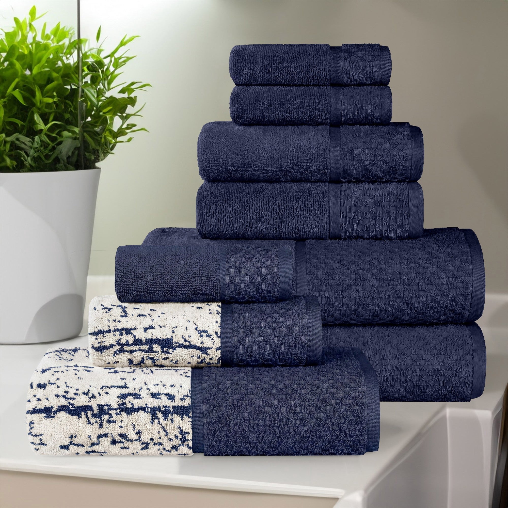 Superior Modern Cotton 9 Piece Bathroom Towel Set Mixed Pattern Solid, Navy Blue-Ivory