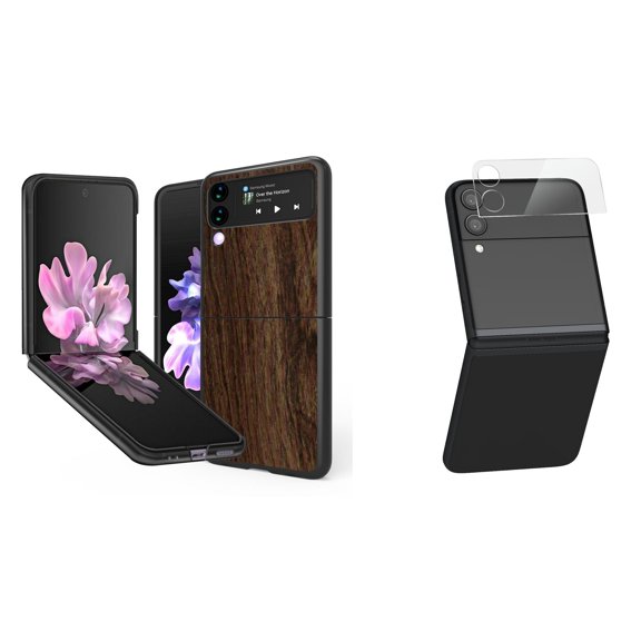 Bemz Premium Bundle for Samsung Galaxy Z Flip 3 5G: Slim Snap-On Protector Case (Dark Brown Wood), Rear Camera Glass Protector
