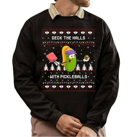 Christmas Sweatshirt, Deck the Halls with Pickleballs Funny Christmas Sweatshirt, Unique Pickle Character Holiday Sweatshirt, Witty Player Gift for Women & Men