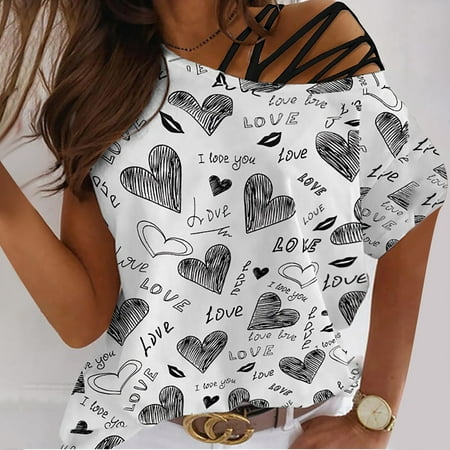 

Womens Cold Shoulder Casual Tops Short Sleeve Creawneck Blouse Shirts Cute Heart Print Summer Loose Blouse TShirt