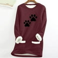thumbnail image 4 of Feancey Women's Fleece Lined Tops Winter Warm Sherpa Lined Crewneck Pullover Cute Cat Paw Print Loungewear Long Sleeve Thermal Tunic Tops with Pockets Wine M, 4 of 4