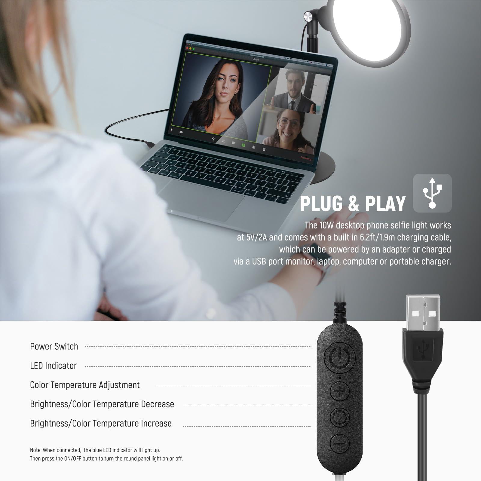 Basics 7" Desk Ring Light For Video Recording  10w Dimmable Full Screen Key Lighting With Stand&phone Holder Computer Laptop Vlog Live Streaming Conference R06