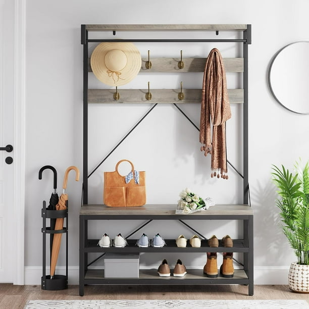 Historyli Perchero industrial de 90 x 40 x 183 cm con perchero,banco para zapatos y estante de almacenamiento,con detalles en madera,8 ganchos,barra para colgar