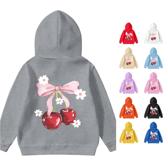 Oiyii Girl's Sweet Graphic Hoodie Long Sleeve Cherry Bow Print Hooded Sweatshirt Casual Daily Pullover Top,Grey