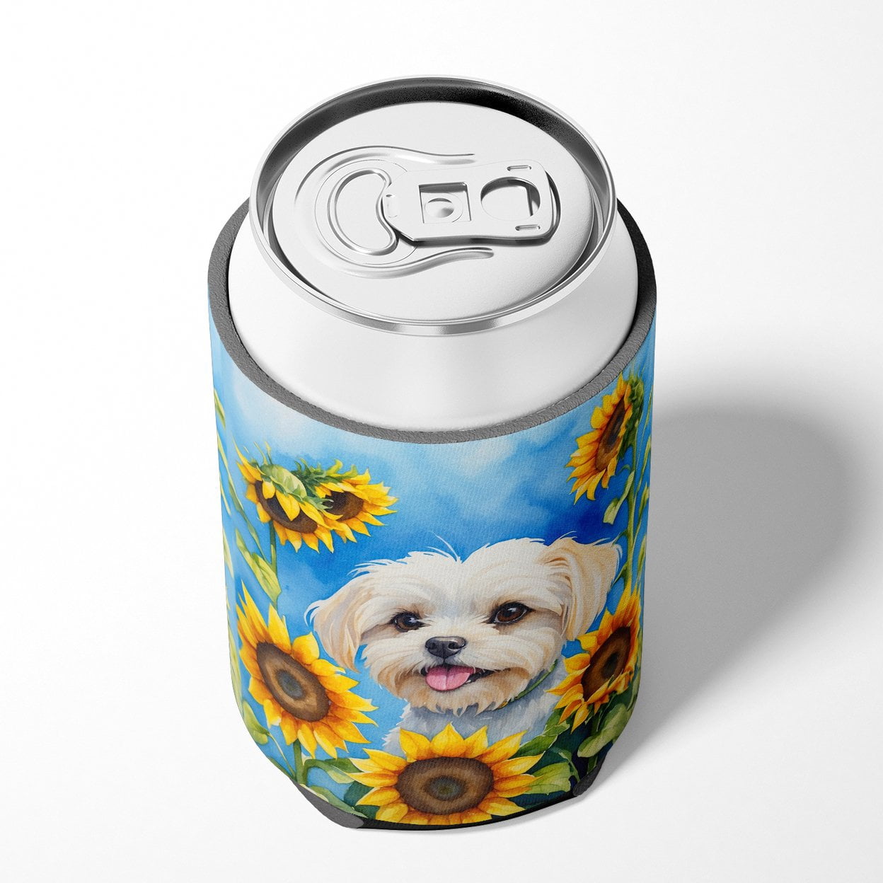Maltese in Sunflowers Can or Bottle Hugger 3 in x 5 in