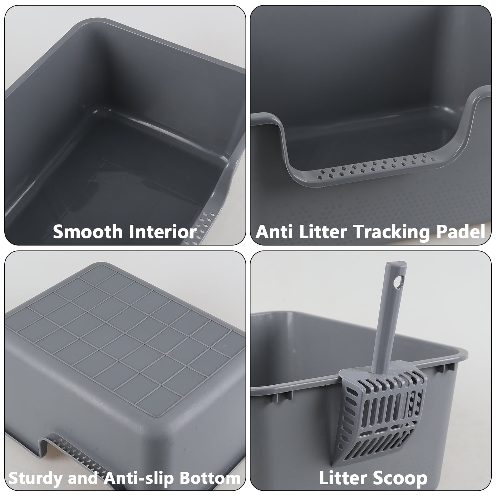 Gloreen 2 Pack Plastic High Side Cat Litter Boxes, Open Top, Include Litter Scoops, Gray
