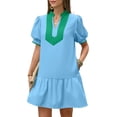 thumbnail image 5 of Short Sleeve Women Color Block V Neck Ruffle Mini Dress, 5 of 6