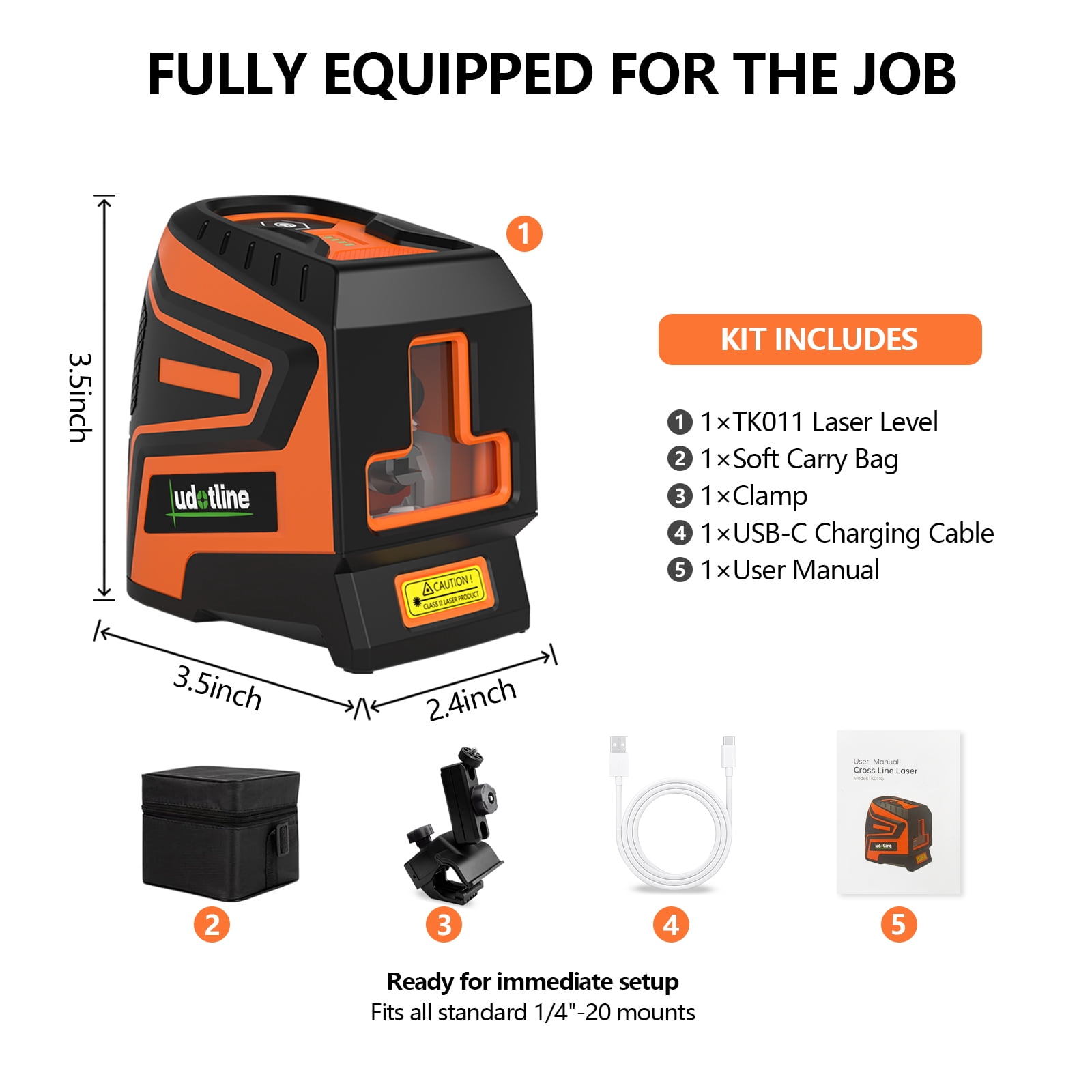 Green Laser Level 2 Line TK011, Ultra Bright Cross Line, 2s Self Leveling,  ±3mm Accuracy, 2200mAh Rechargeable, Shockproof Durable Build for Jobsite (Clamp Kit – Adjustable Clamp + Soft Bag)