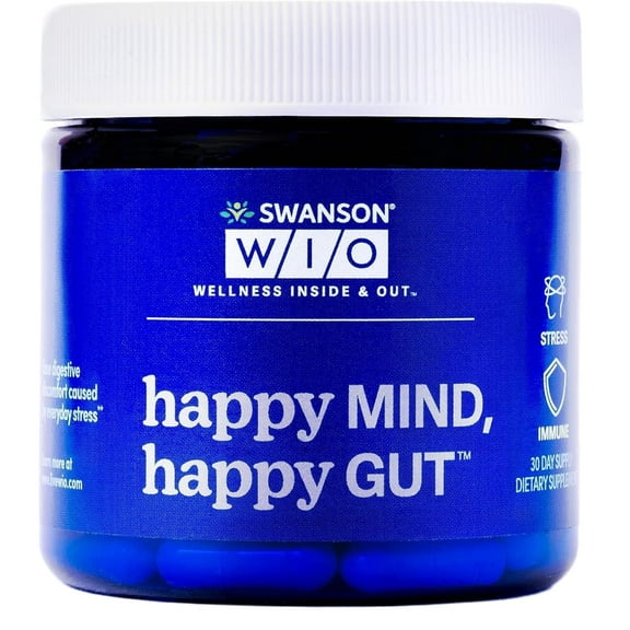 Swanson WIO happy MIND, happy GUT Stress Support, Digestive Support, Probiotics Promote Gut Microflora, Better Mood, Cognitive Health, Mental Wellness, 30 Veggie Capsules (30-Day Supply)