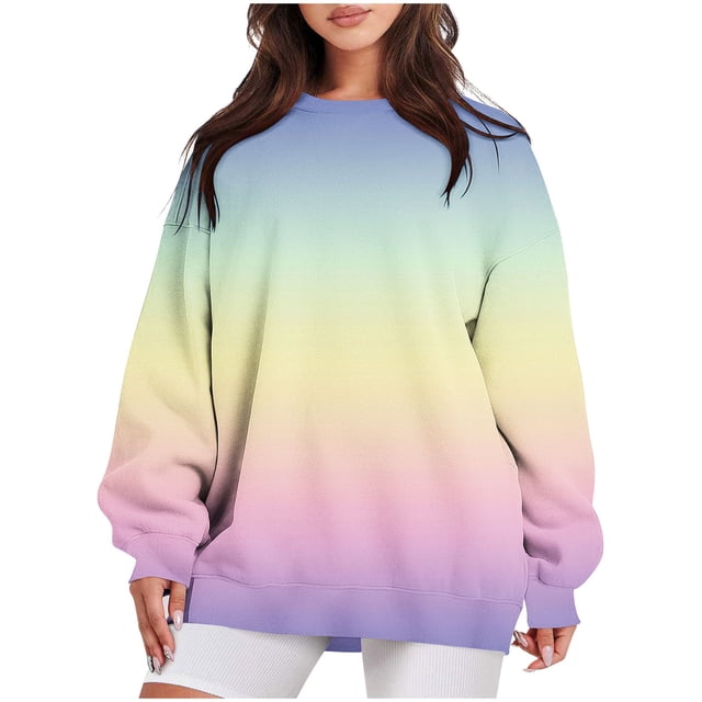 Pisexur Chandail pour Femmes, Mode, Dégradé, Col Rond, Chandails à Manches Longues, Hauts pour Femme, Chandail Tendance d'Automne, Chandail à Capuchon Léger pour Femmes, Décontracté, Ample, Ourlet Fendu, Chandail à Enfiler