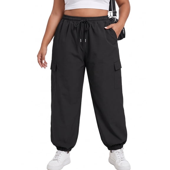 Cueply Women's Plus Size Cargo Pants with Pockets Casual Joggers Sweatpants Drawstring Adjustable Loose Fit Workout