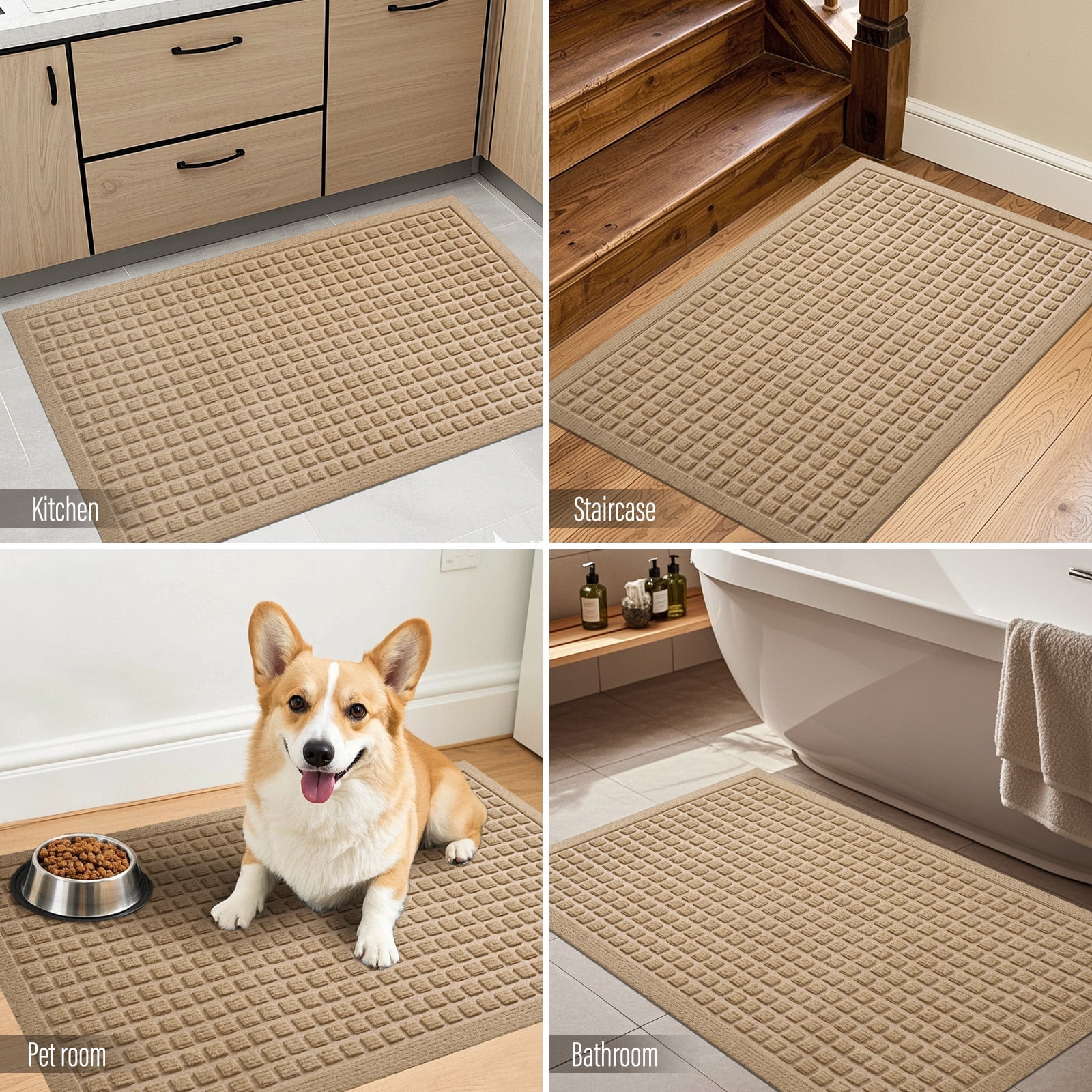 Front Doormat Non Slip Outdoor Mat 17"x29", Dirt Trapper TPE Welcome Mats Outdoor Indoor Rug, Durable Easy Clean Low Profile Doormat for Garage ,Entryway .Patio .High Traffic Areas, Beige