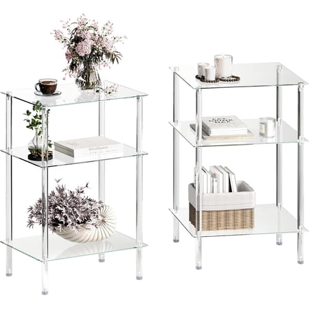 Tempered Glass Side Tables Set of 2 Acrylic End Table with 3 Storage Shelve transparent Bedside simplicity clear 3-Tier Nightstands small Spaces Office Bedroom Living Room Study Transparent