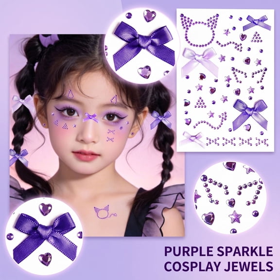 Purple Face Rhinestones Self-Adhesive Gems with Satin Bows Coquette Y2K Party Makeup Accessories Festival Rave Gift for Teens Girls for Diy Crafts and Decor