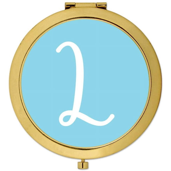 Koyal Wholesale Gold Compact Mirror Bridesmaid's Wedding Gift, Baby Blue, Monogram Letter L, 1-Pack