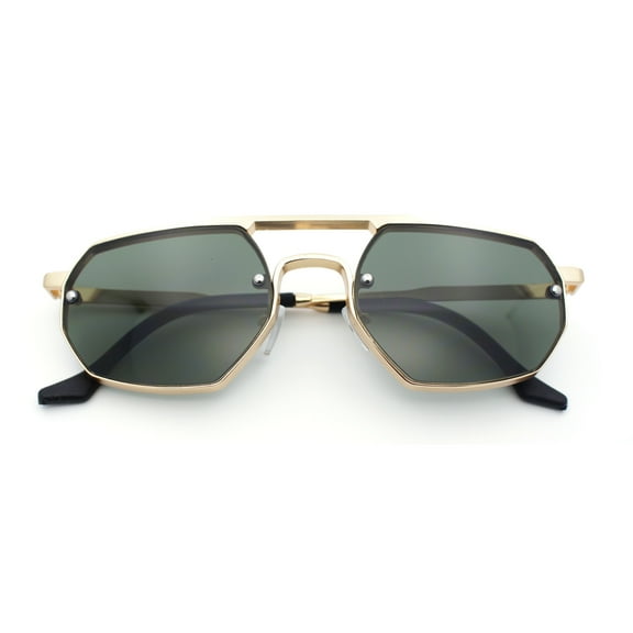 Metal Rim Geometric Octagonal Double Bridge Retro Hustler Luxe Sunglasses Gold - Green