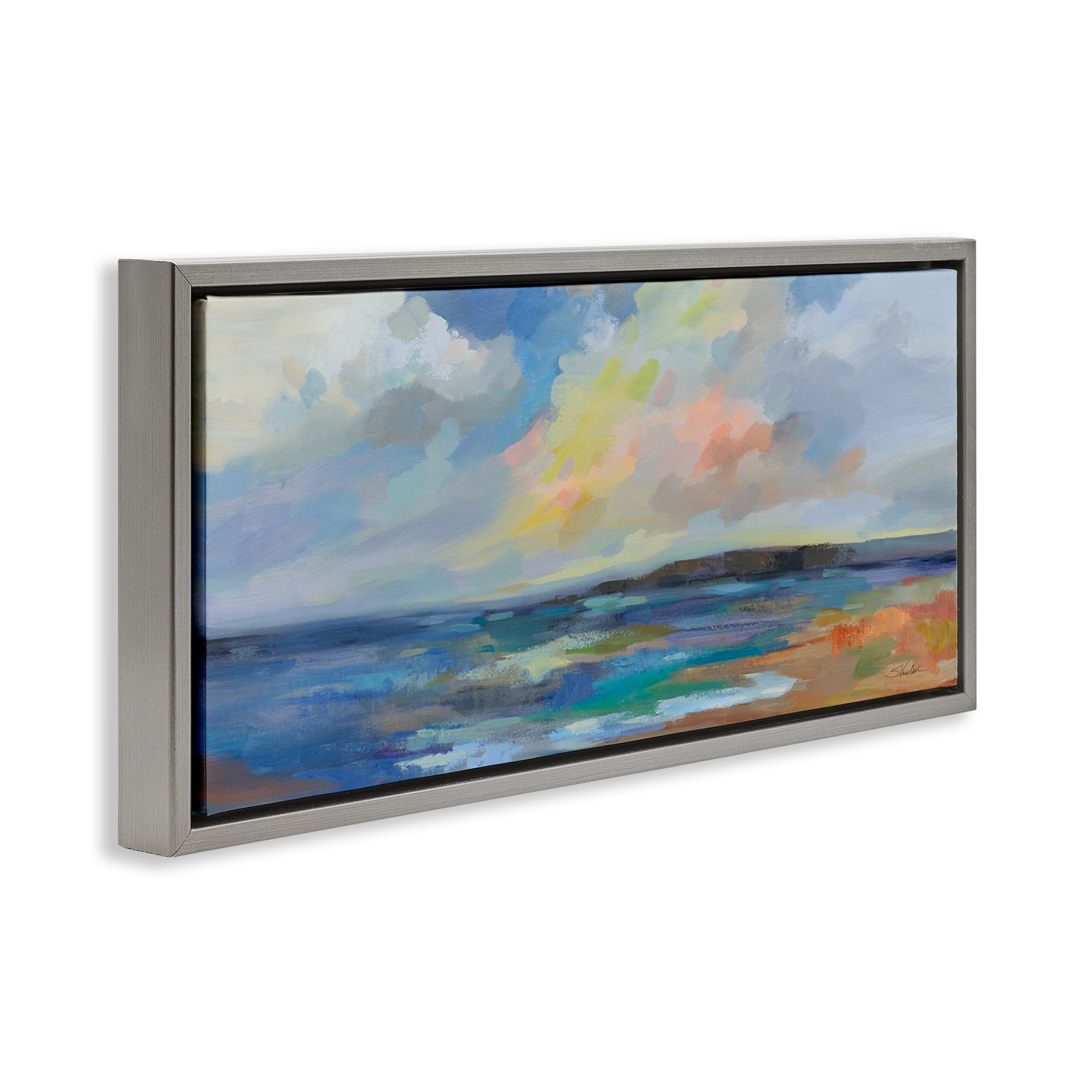 Stupell Industries Ocean Beach Sunset Landscape & Nature Painting Gray Floater Framed Canvas Art Print Wall Art, 25 x 11