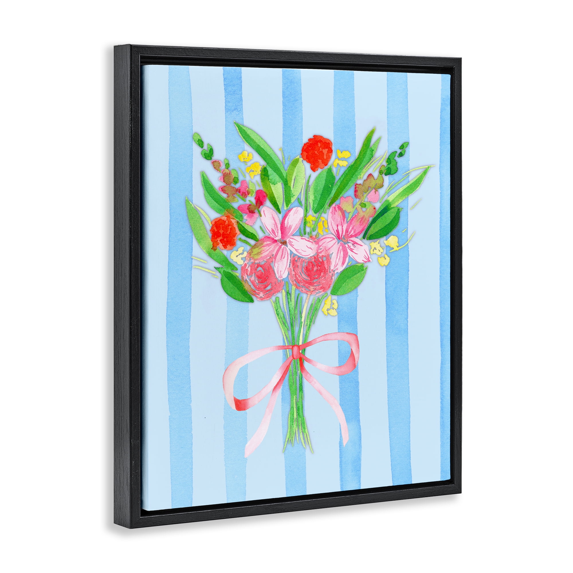 Blue and Pink Bouquet & Bow Black Framed Floater Canvas Wall Art, design by Nina Jacobs