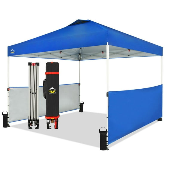 CROWN SHADES 10x10 Pop up Canopy Tent Instant Canopy Including 2 Half Sidewalls, 4 Ropes, 8 Stakes, 4 Weight Bags, STO 'N Go Bag Blue
