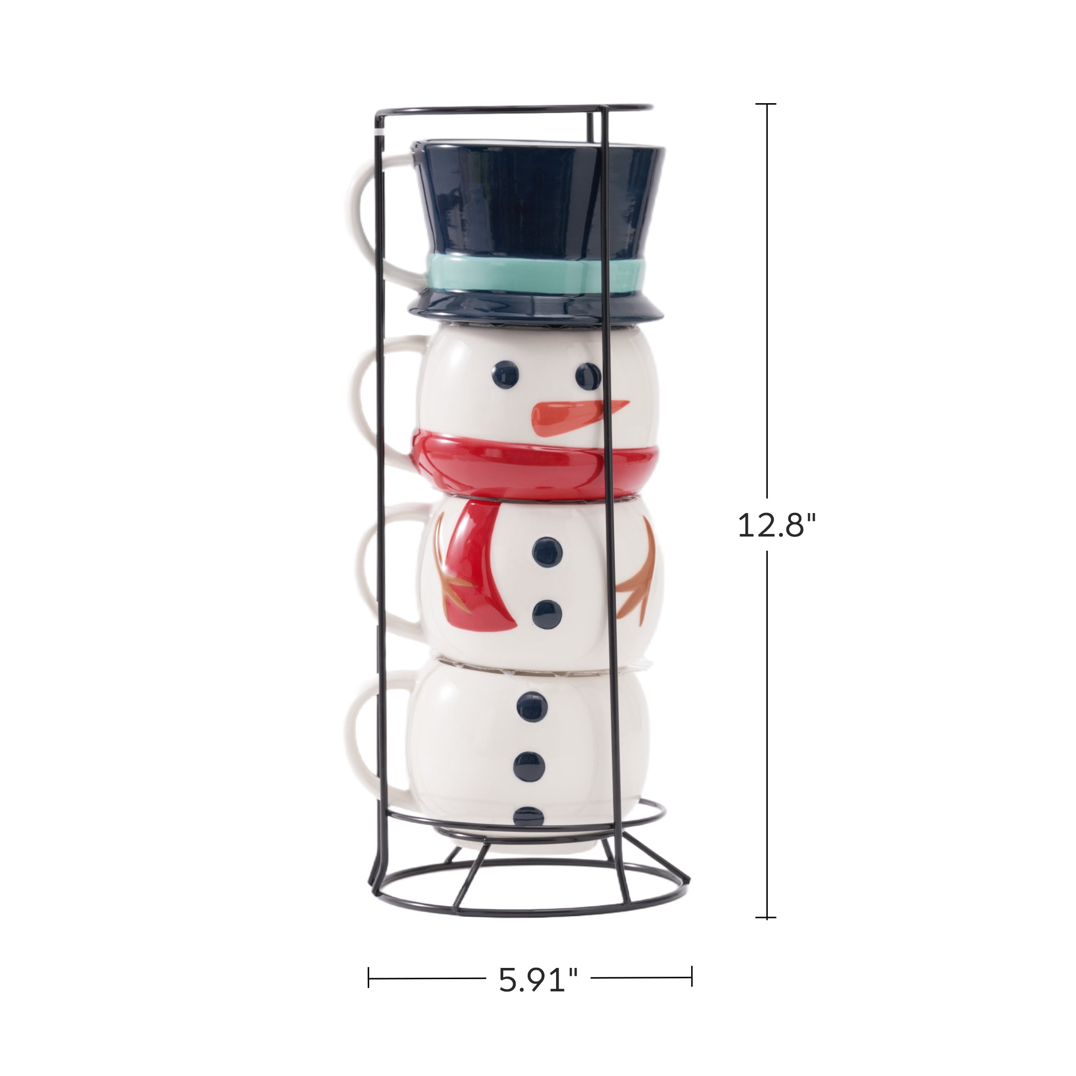 Snowman Stacking Ceramic Mug Set with Rack 12 OZ 5-Piece Holiday Time