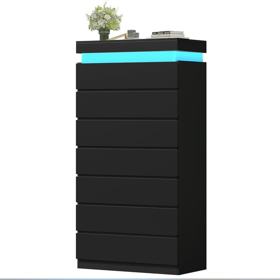 Afuhokles Black Tall Dresser Wood 7 Drawer Dressers for Bedroom with LED Light, Wood Chest of Drawers Storage Cabinet.