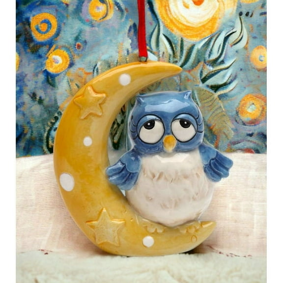 Ceramic Owl on Moon Ornament 2.875 x 1.375 x 3.125 H