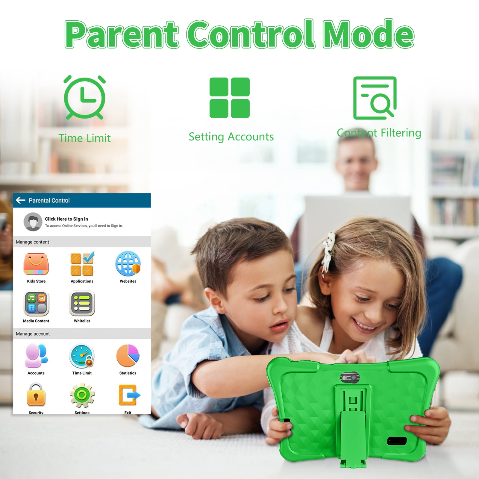 EDDBNi 7" Kids Tablet，6GB RAM 32GB ROM Android Tablet Computer for Children，parental controls，Eye Protection Toddler Tablet for Ages 4-12（green）