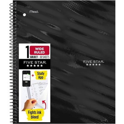 Five Star Active Subject Wide Ruled Notebook 80 Pages, Black