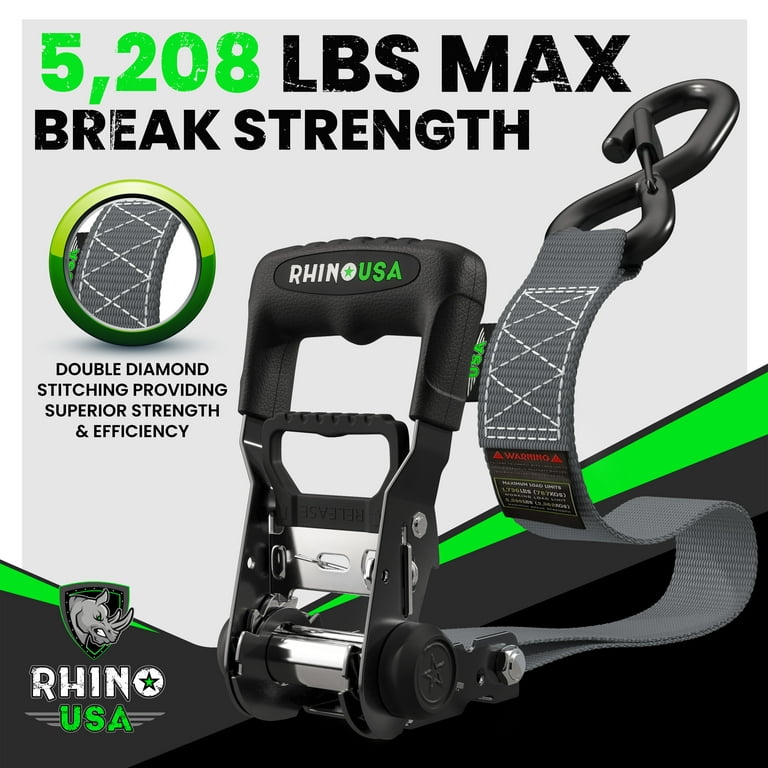 Rhino USA 1.6 x 8' HD Ratchet Tie-Down Set (2-Pack) - 5,208lbs Break  Strength (3.5 in, 5 lb) 