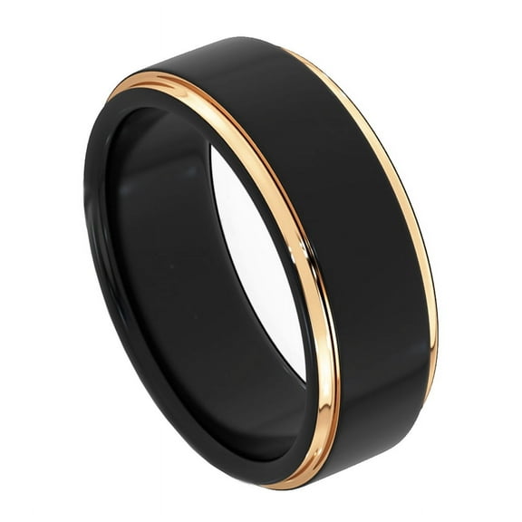 Tungsten Wedding Band Ring 8mm Men's Engagement Black and Rose Gold Edges Brushed Center