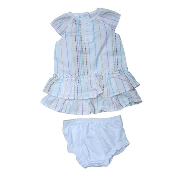Infant Girls White Embroidered Striped Ruffled Dress Baby Outfit