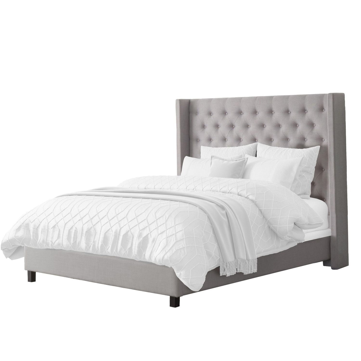 CorLiving Fairfield Upholstered Adult King Size Tufted Bed with Winged Headboard - No Box Spring Required