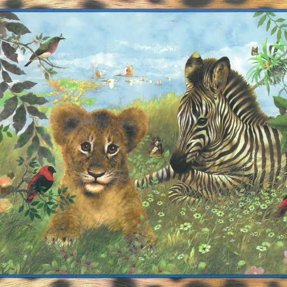 Prepasted Wallpaper Border - Jungle Green, Blue, Brown Baby Animals Wall Border Retro Design, 15 ft x 10 in (4.57m x 25.4cm)