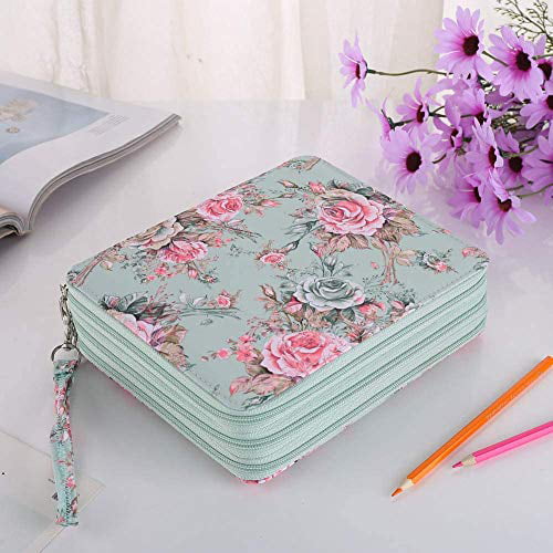 Shulaner 120 Slots Colored Pencil Case with Zipper Closure Large Capacity Green Rose Oxford Pen Organizer Flower Pencil Holder for Student or Artist