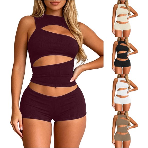HCYSFG Womens 2 Piece Outfits Sleeveless Cut Out Crop Top Bodycon Mini Shorts Sets Solid Color Hollow Going Out Outfits Night Out Clothes Sets