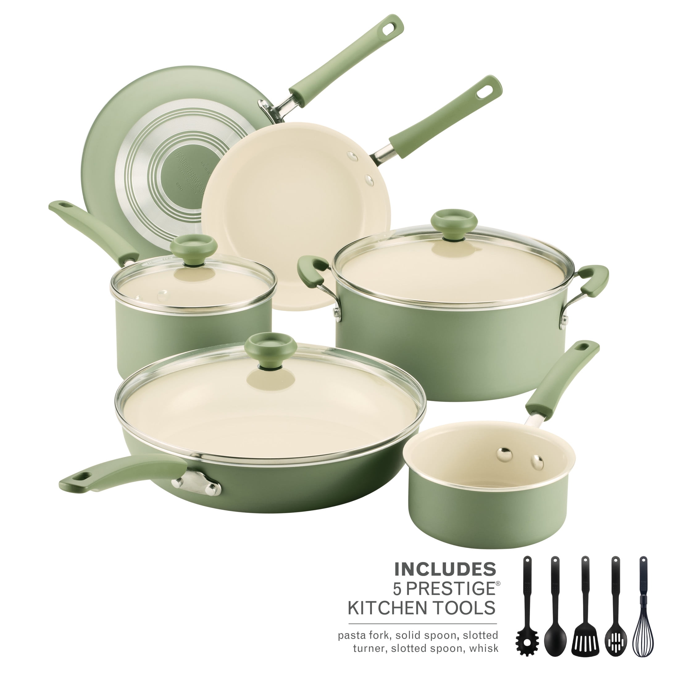 Farberware Easy Clean 14 Pcs Ceramic Nonstick Cookware Set with Cooking Tools, Dishwasher Safe, Green