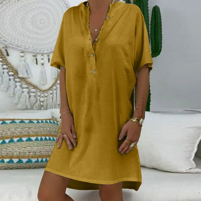 Robes pour Femmes 2024 Été Surdimensionnée Décontractée Ample Solide Coton Col en V Manches Courtes Robe d'Été 50 % de Rabais Liquidation!