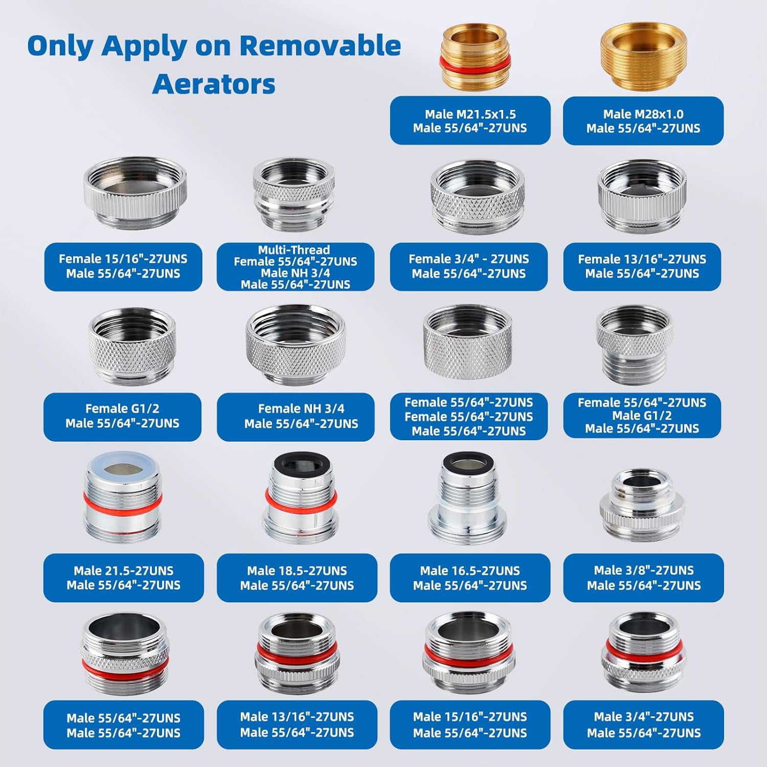 18 Pcs Brass Faucet Adapter Kit, Kitchen Sink Aerator Adapters with 4 Pcs Removal Wrench Tools, Male Female Connectors for Faucet with Removable Aerators to Water Filter, Garden Hose, Rv