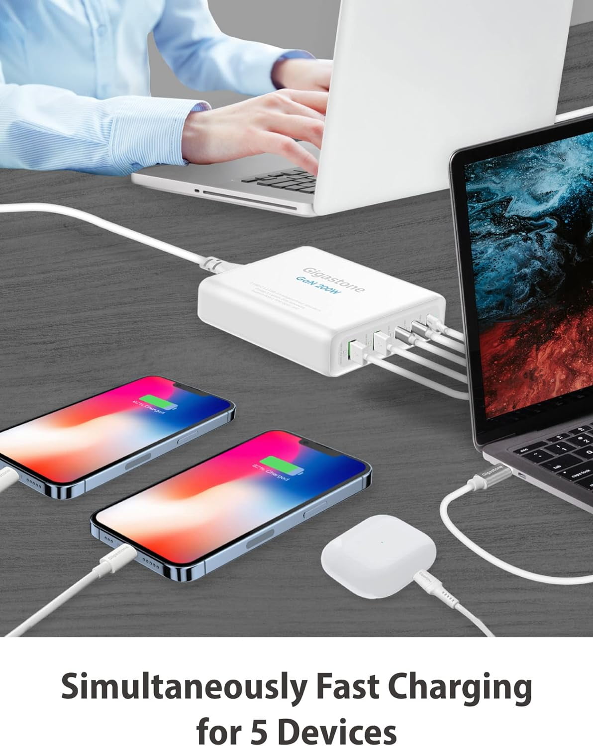 Gigastone [GaN III] 200W USB C Charger, compatible with Apple series , Fast Charging Charger, PPS GaN Charger 5-Port, 2 USB-A + 3 USB-C Desktop Charger-PD-200W