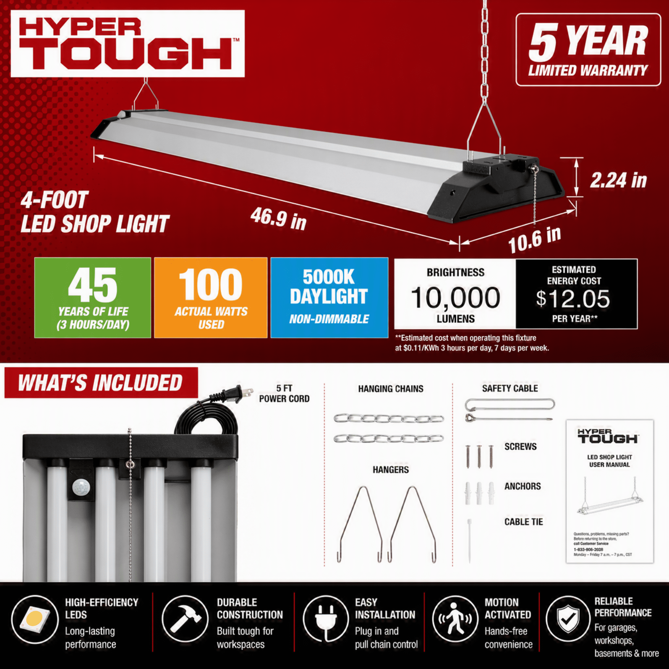 (2 pack) Hyper Tough 4-ft 10000 Lumen Plug-in 4-Tube Integrated LED Shop Light Fixture, Grey Finish (1 Pack)