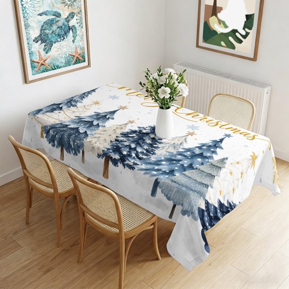 Waterproof Tablecloth Winter Snowflake Xmas Tree Rectangle Table Cloth 60x84in,Wipeable Washable Table Cover Merry Christmas Blue White Trees Tablecloths for Dining Tables Kitchen Picnic Party