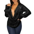 thumbnail image 2 of TSADFHJI Hauts pour Femmes Élégants Rouges Décontractés Amples Tempérament Col en V Profond Plissé Sequins Manches Longues Chandail Chemise L Noir, 2 of 5