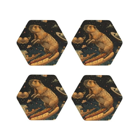 

Leather Coasters Set of 4 - Capybara Space Hotdog Ride Lightweight Non-Slip Drink Coasters for Desk Anti-Scalding Desk Cup Coasters for Office Table Decor Hexagon