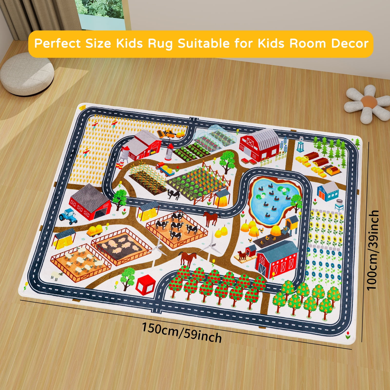 Kids Rug Car Rug for Toy Cars,Farm Life Road Traffic for Playroom Kid Car Road Rug Village Map Play Mat Non-Slip Washable Play Rug for Toddler Boy Family Tummy Time Playtime