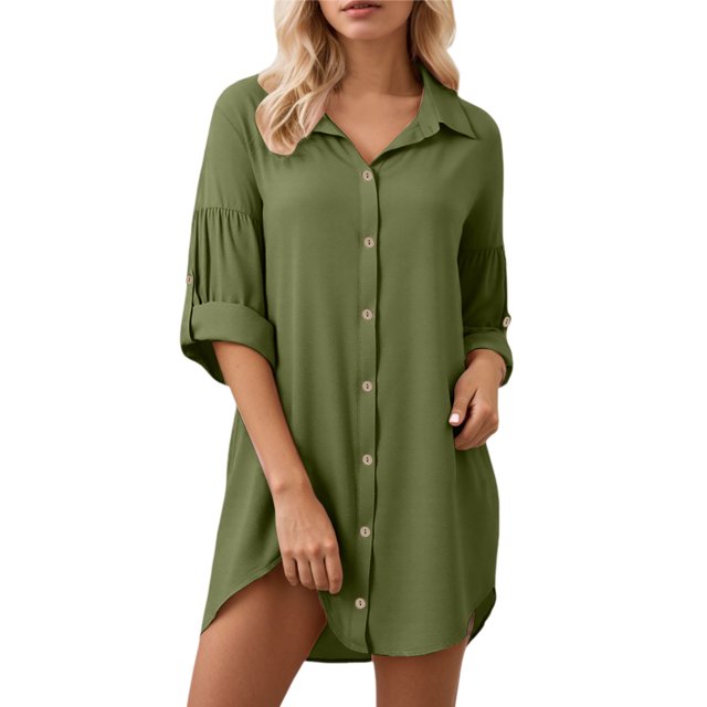 Robe d'Été pour Femmes Manches Courtes Poche Irrégulière Robe Chemise avec Poches